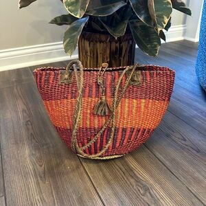 Sisal Tote Bag Vintage Sisal Purse Leather Straps Bright Bag Wood Button Closure